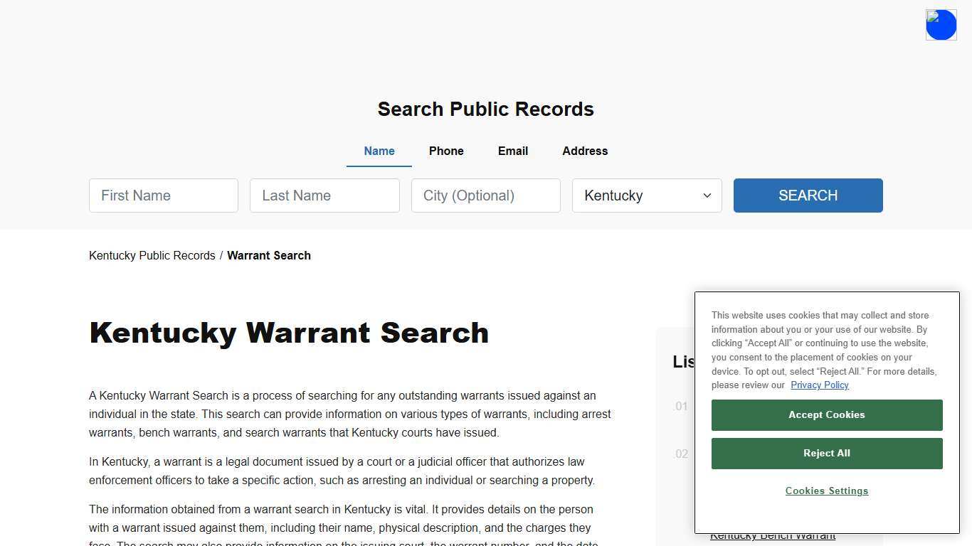 Kentucky Warrant Search and Records
